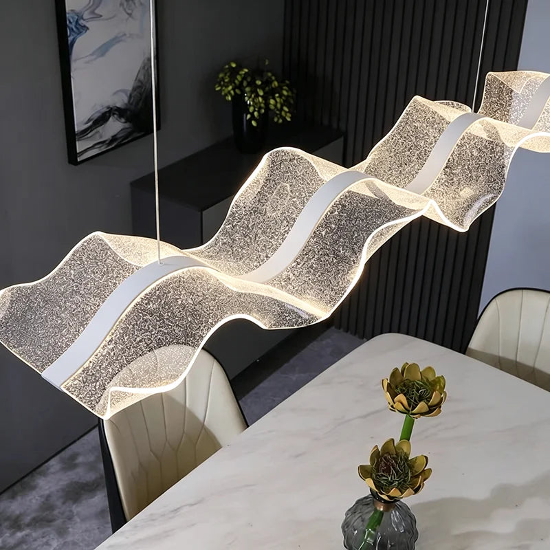 Minimalist curved chandelier in white with an integrated LED strip