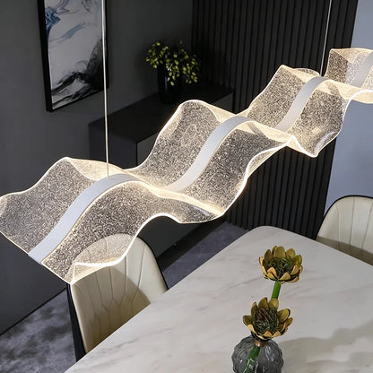 Minimalist curved chandelier in white with an integrated LED strip