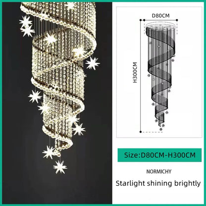 White light across the spiralling crystal of a staircase chandelier