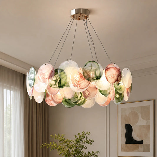 Murano style glass chandelier with blown glass on polished copper