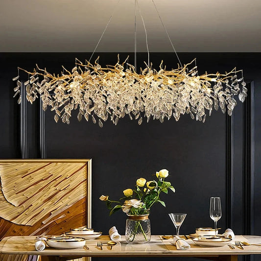 Luxury gold crystal chandelier with cut crystal set in a metal frame