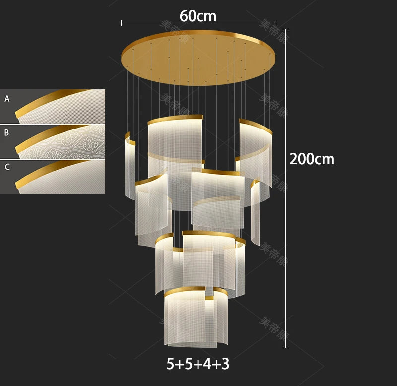 Style A acrylic stairwell chandelier on adjustable cord pendants