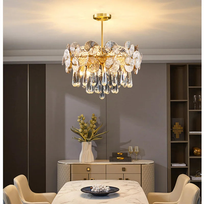 Glass and crystal lotus chandelier, 39.4 in across, for a living room