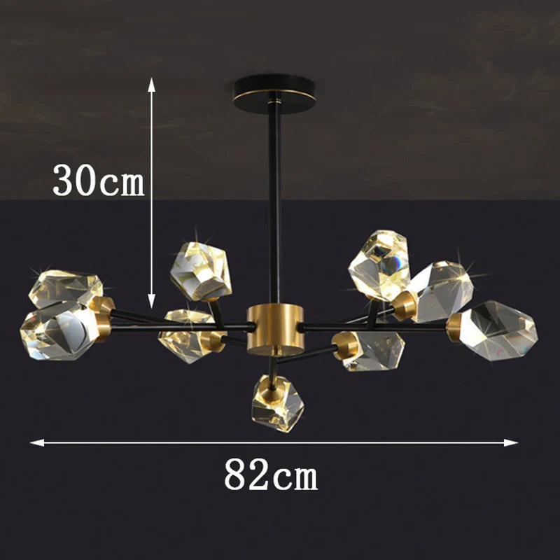 Twelve head linear crystal chandelier spanning 41.3 in (105 cm) in length