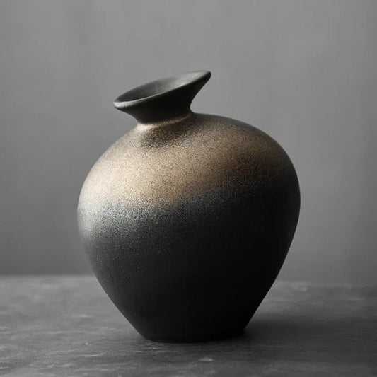 Japanese abstract terracotta vase in stone-look matte black finish