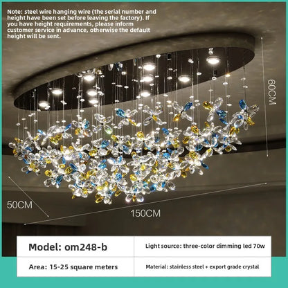 Golden French chandelier, 150 cm long by 60 cm high, on semi-flush mounting