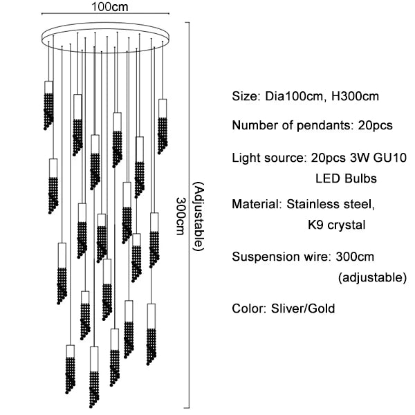 Crystal chandelier drops following a stair run on adjustable cords
