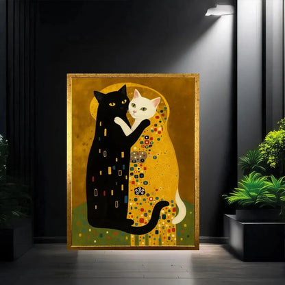 Klimt Kiss Cat Parody Abstract Canvas Wall Art
