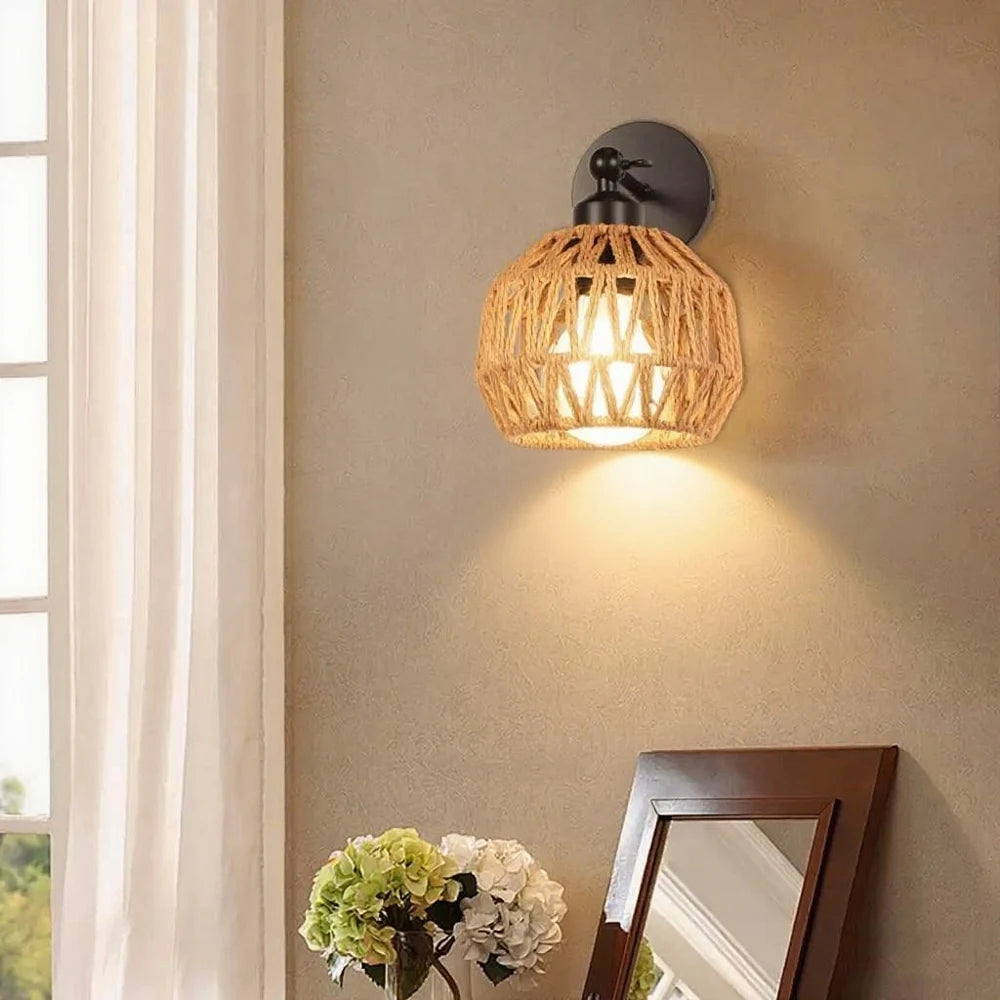 rattan wall sconce, close-up of shade and hardware detail