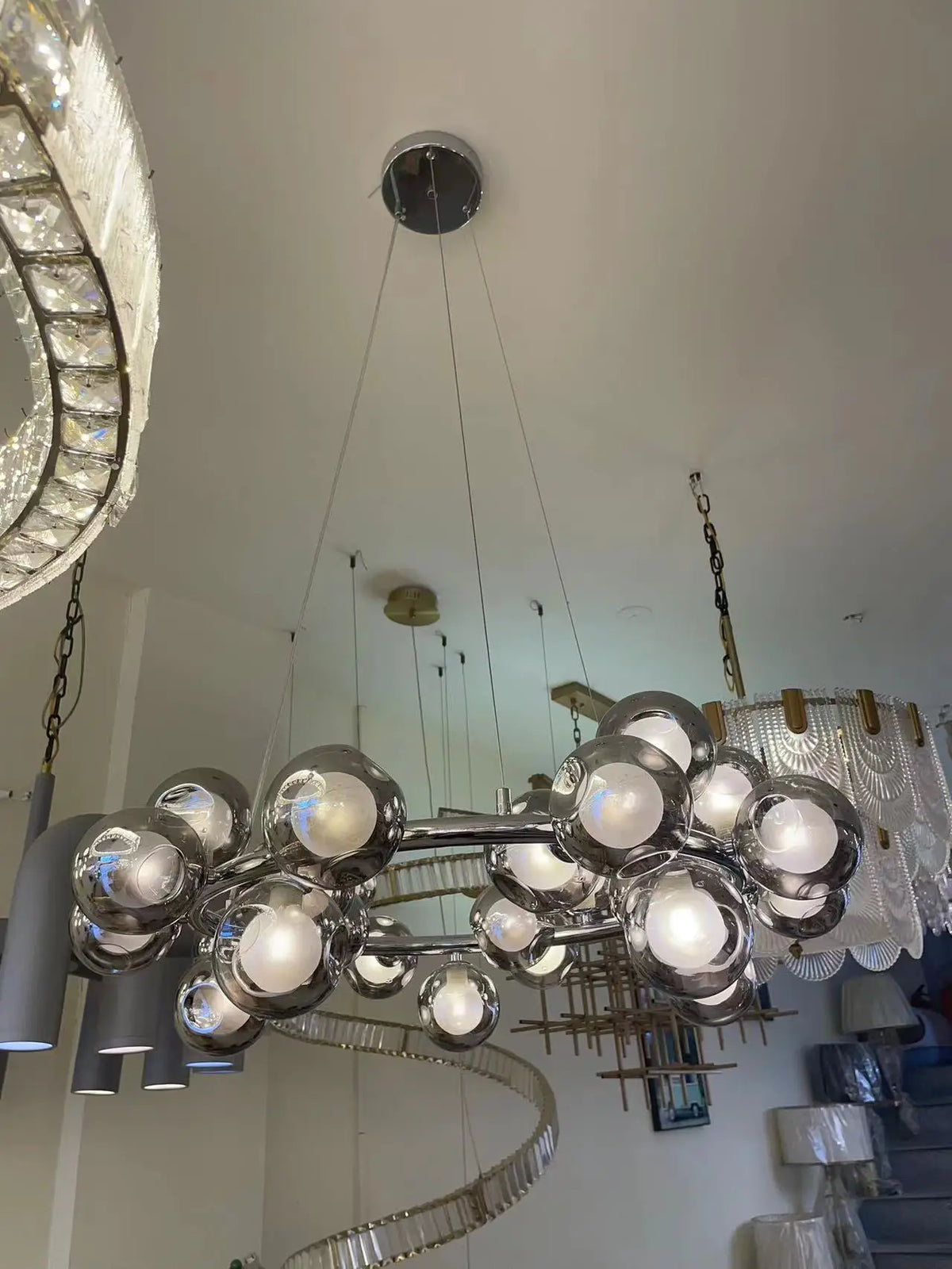 Forty five head glass ball chandelier in warm 3000K light
