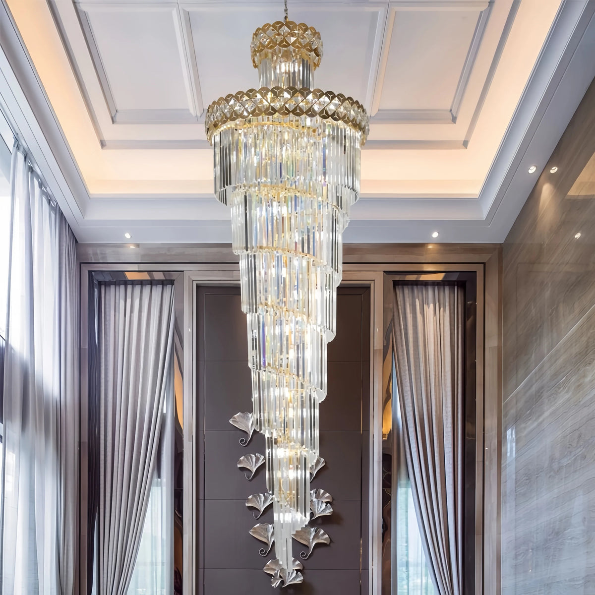Long crystal chandelier, 39.4 inch diameter with a 275.6 inch chain drop