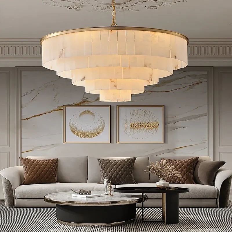 Natural marble luxury chandelier on a polished stainless steel frame