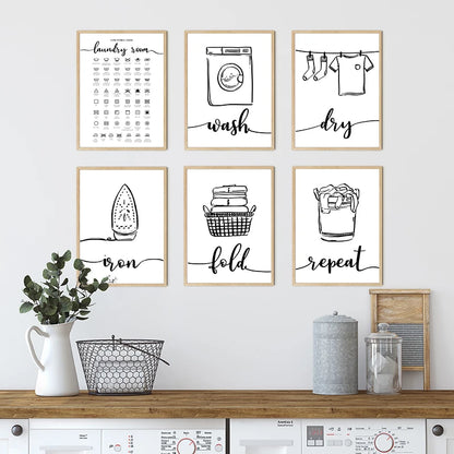 Minimalist Black White Stick Figure Laundry Canvas Art