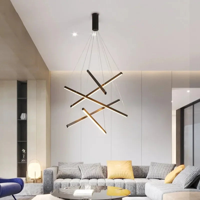 Black aluminium bar chandelier lighting both upward and downward