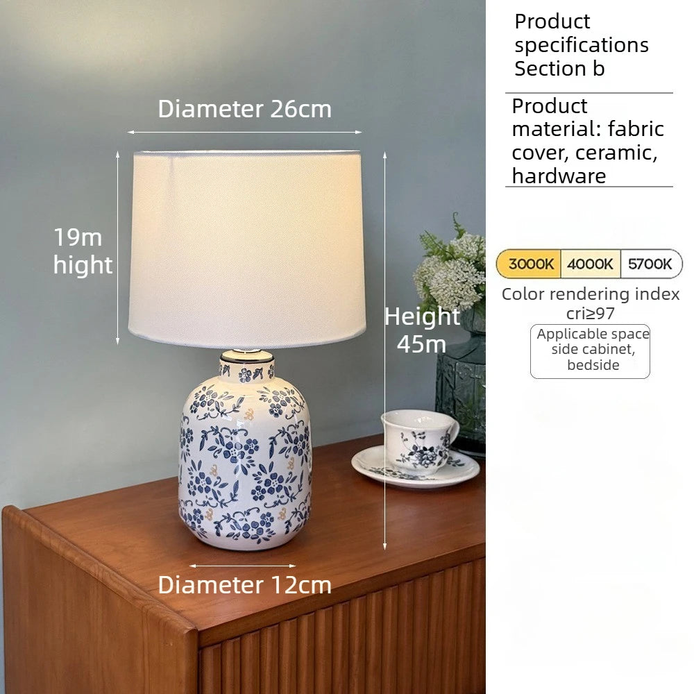 Blue white porcelain vase lamp on study desk in natural daylight