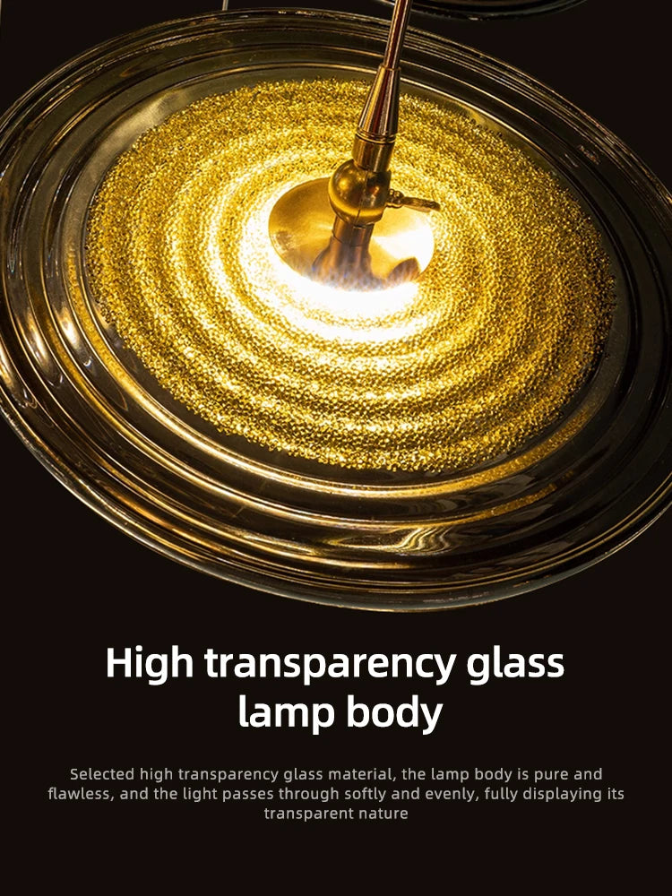 Glass element chandelier hung on individual cords at turning angles