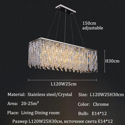 Linear chrome crystal chandelier, 39.4 inches long, for a kitchen counter