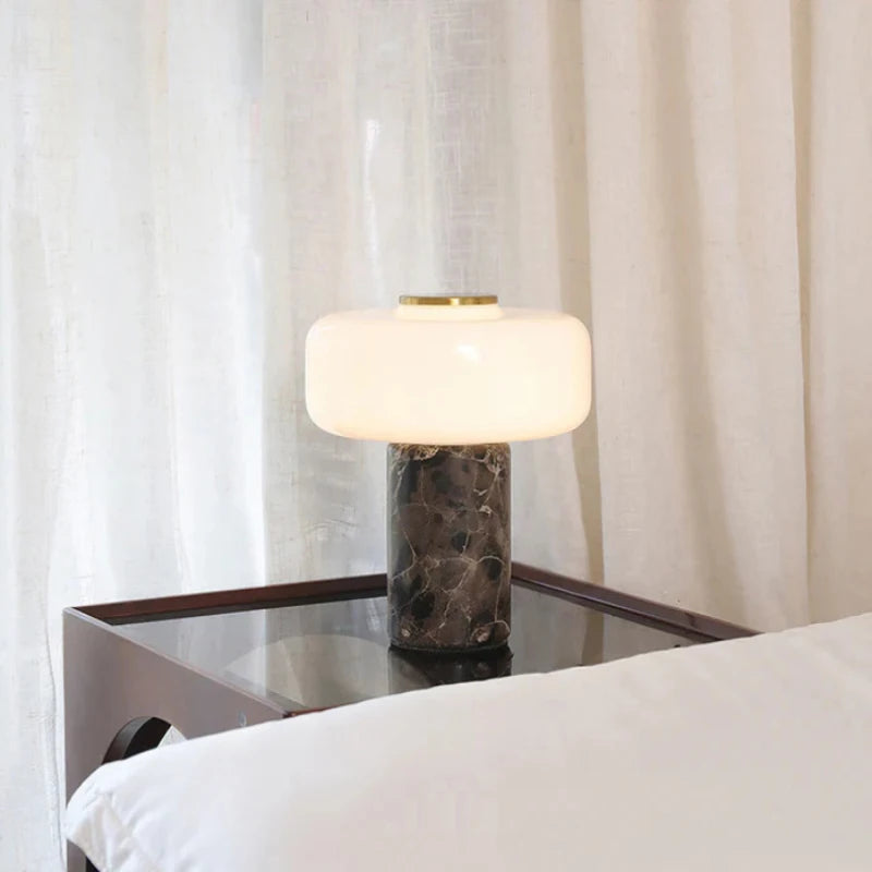 Dark marble table lamp glass shade close-up texture and material detail