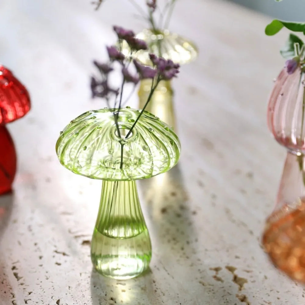 Brown mushroom glass vase styled in cottagecore bedroom windowsill display