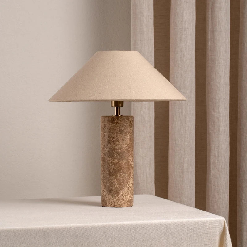 Marble cylinder lamp white light mode on restaurant table display