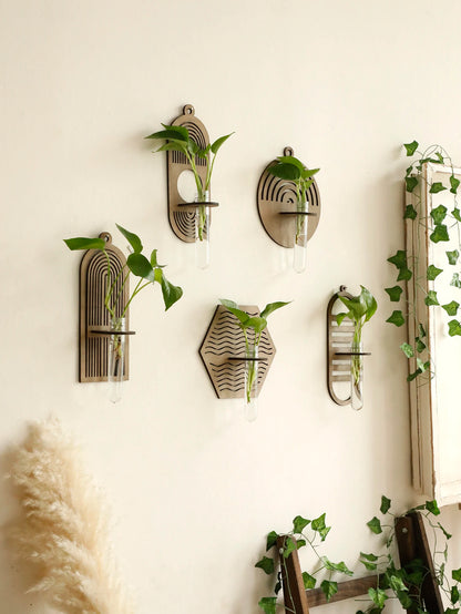 Boho wood wall vase tube plant holder for living room