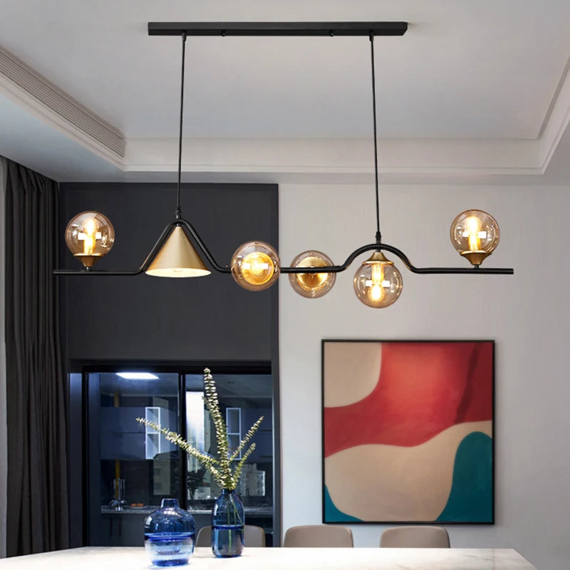 Six head tinted glass chandelier, 47.2 inches long with adjustable cords