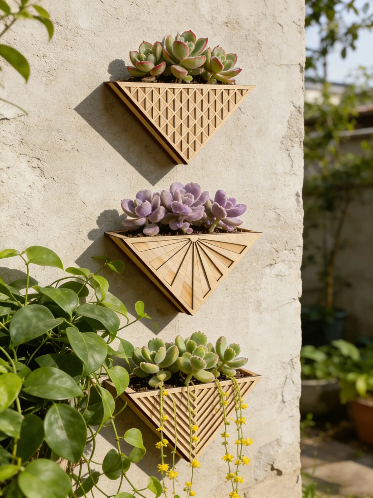 Medium triangular wood wall planter with herb pot mounted on kitchen wall