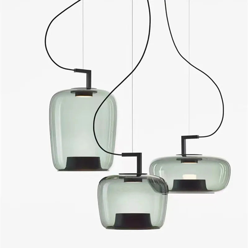 Amber double glass chandelier with one blown shade nested inside another