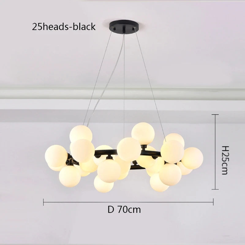 Polished chrome iron chandelier frame holding milk white glass balls