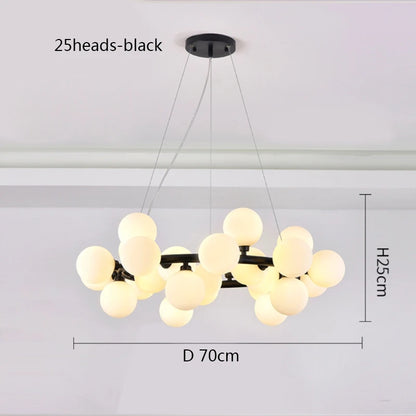 Polished chrome iron chandelier frame holding milk white glass balls