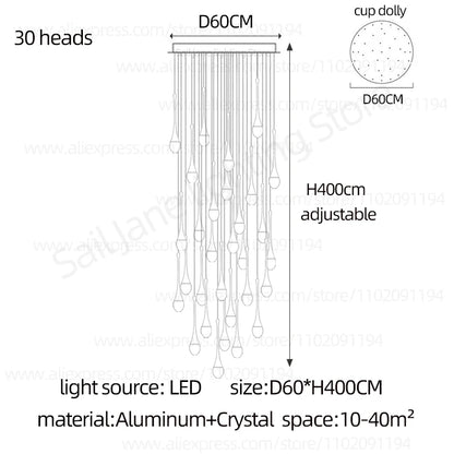 White light across the crystal raindrops of a stair chandelier