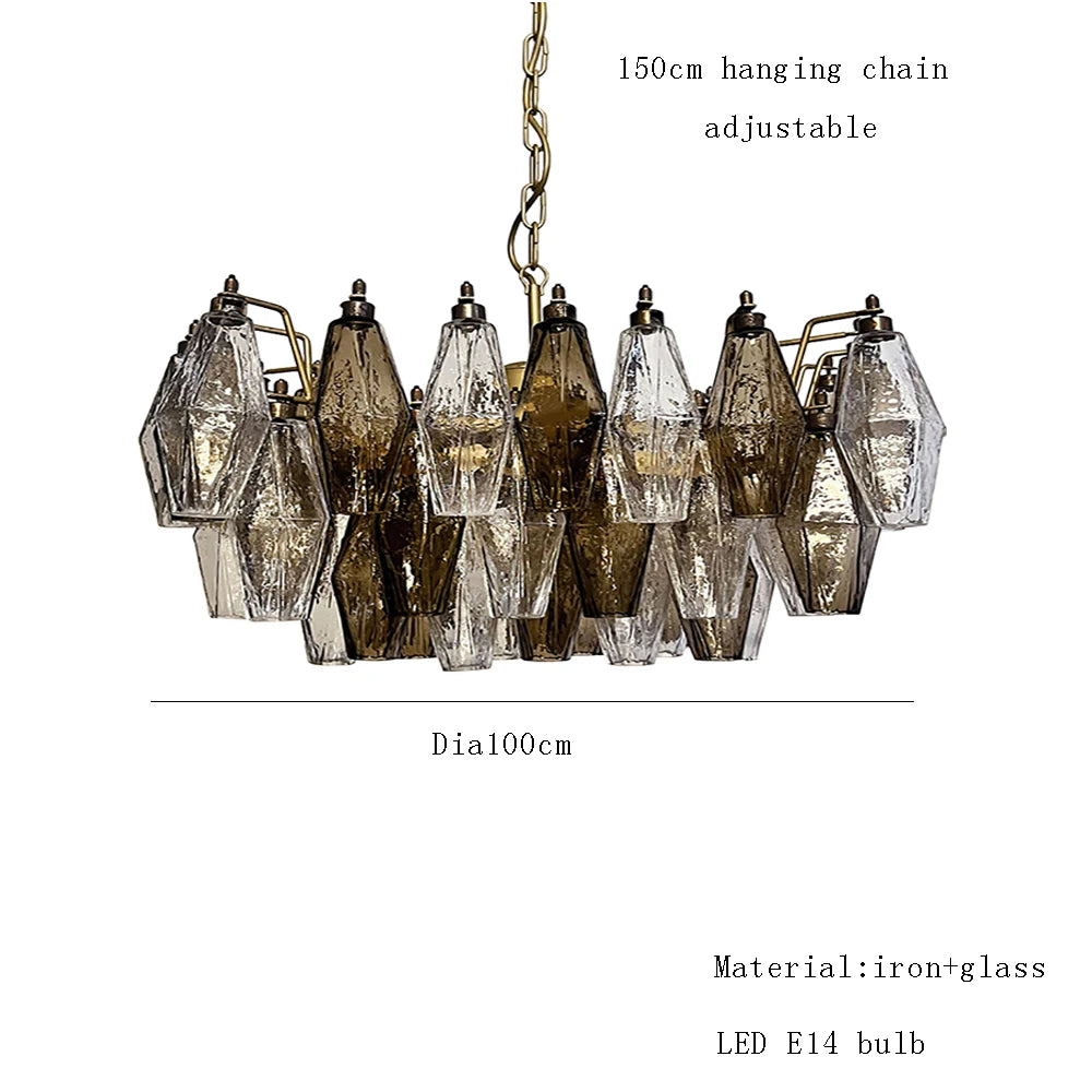 Cluster chandelier combining amber and clear glass shades on steel arms