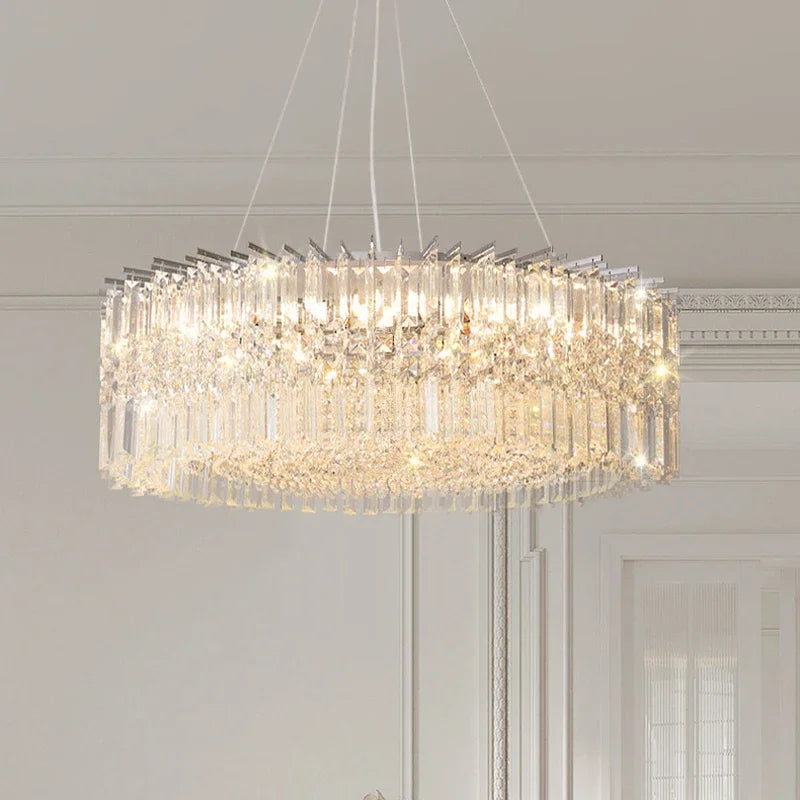 Round crystal chandelier, 39.4 inch diameter, on a polished iron frame
