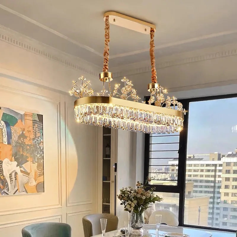 Crystal set into the chandelier plated iron body in a round form