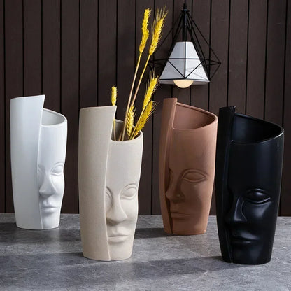 Ceramic human face sculpture vase handmade art flower arrangement