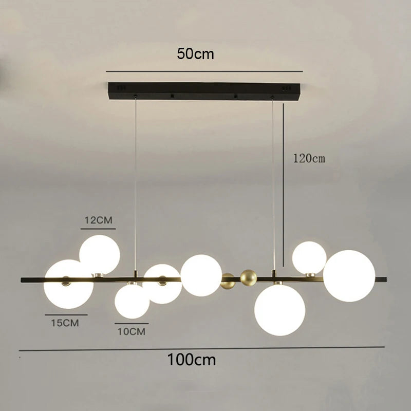 Modern iron chandelier bar with evenly spaced glass shades and LED bulbs