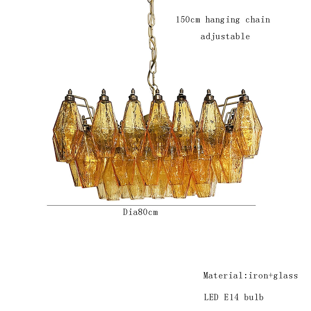 Luxury glass chandelier with honey toned amber shades and steel armature