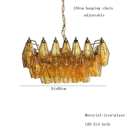 Luxury glass chandelier with honey toned amber shades and steel armature