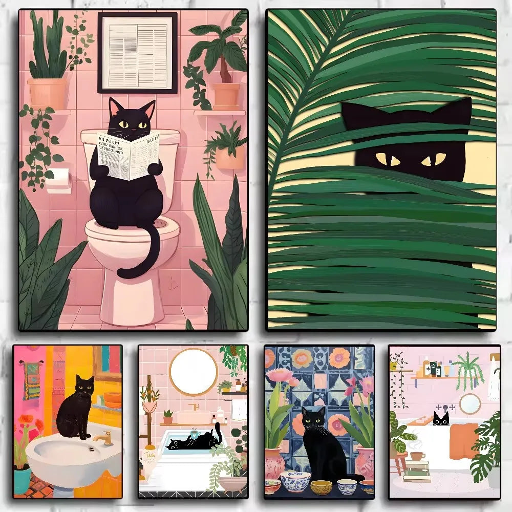 Funny Black Cat Toilet Newspaper Bathroom Canvas Art