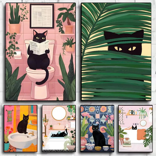 Funny Black Cat Toilet Newspaper Bathroom Canvas Art