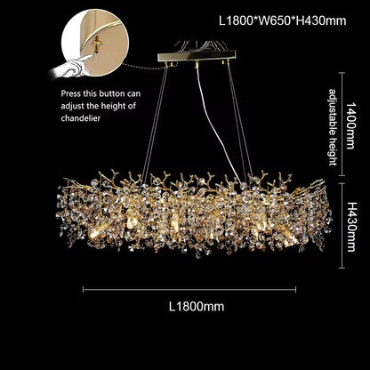 Crystal branch chandelier in a 59.1 inch linear layout on a gold metal frame