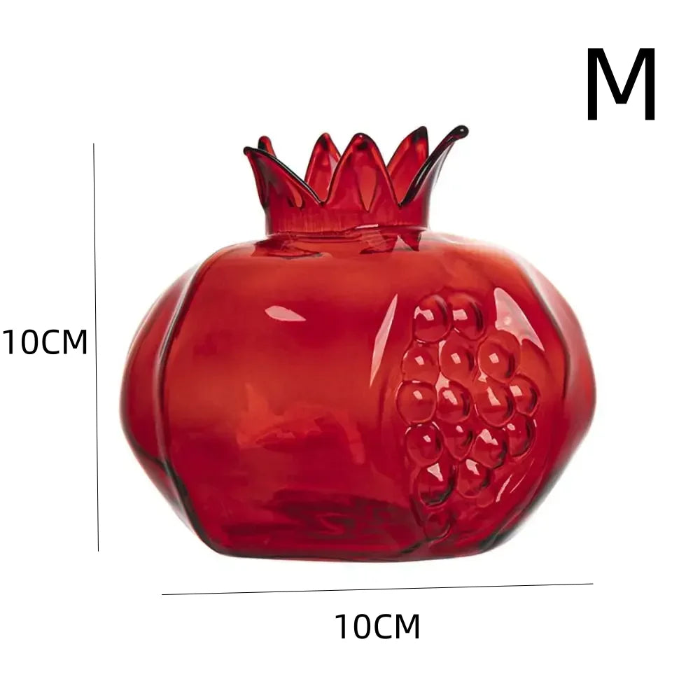 Hand-blown red glass pomegranate vase side profile detail view