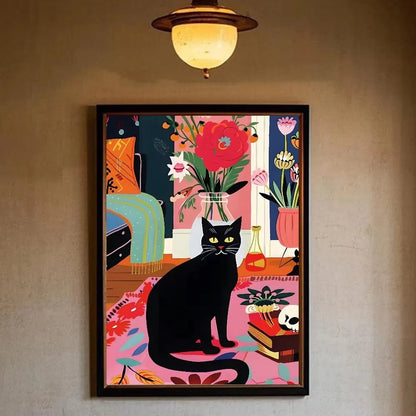 Funny Black Cat Toilet Newspaper Bathroom Canvas Art