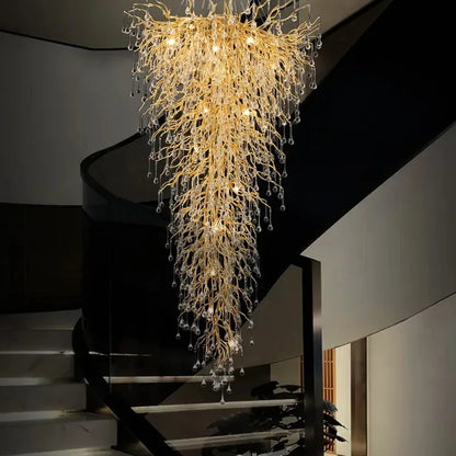 Elongated crystal staircase chandelier measuring 63 inches for tall stairwells