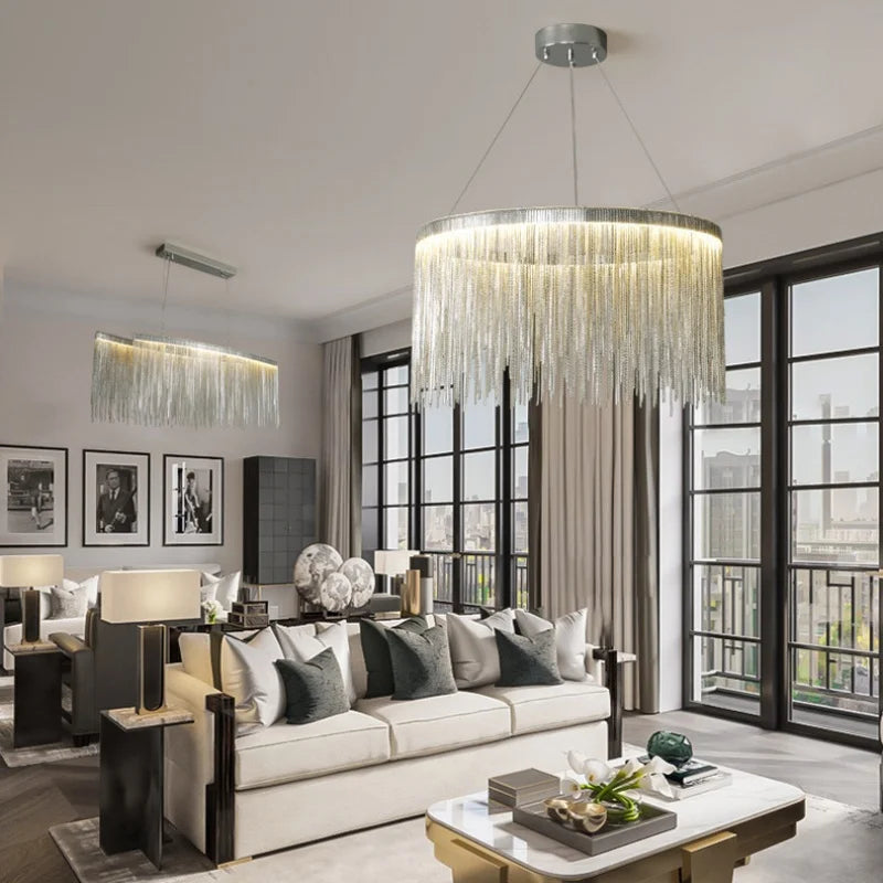 Gold chain chandelier, 47.2 inches long, above a restaurant table