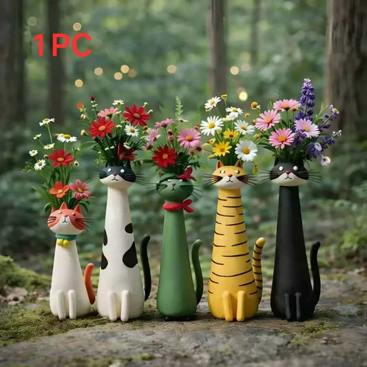 Green resin cat shaped long-neck novelty vase with single daisy flower stem
