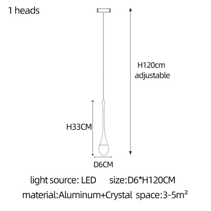 Crystal raindrops set at freely adjusted heights on a chandelier