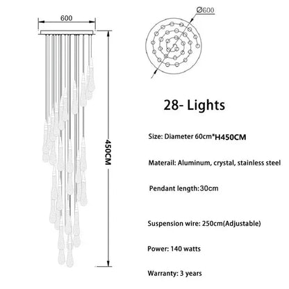 Golden crystal chandelier with 18 lights in a spiral arrangement