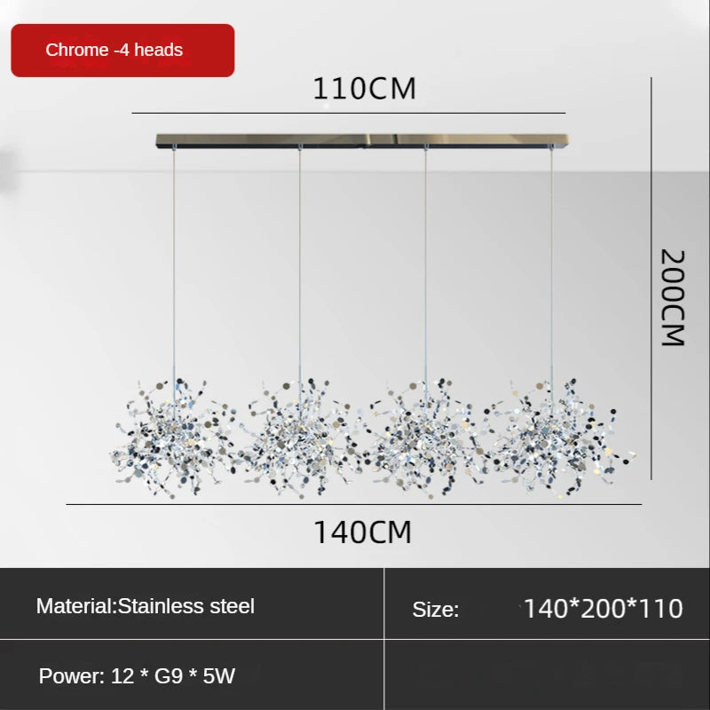 Chrome chandelier with six plated heads and warm light output