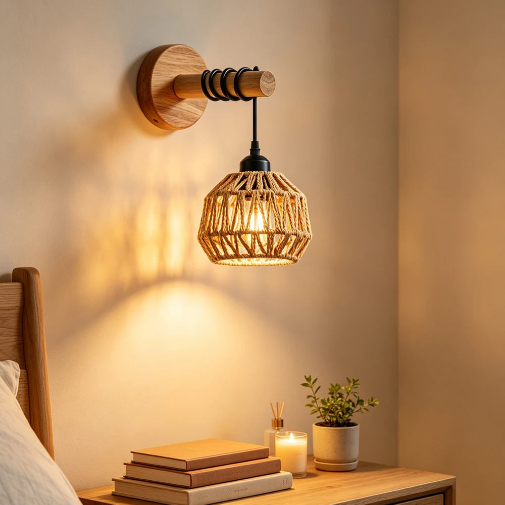 rattan wall sconce, side profile showing mounting depth